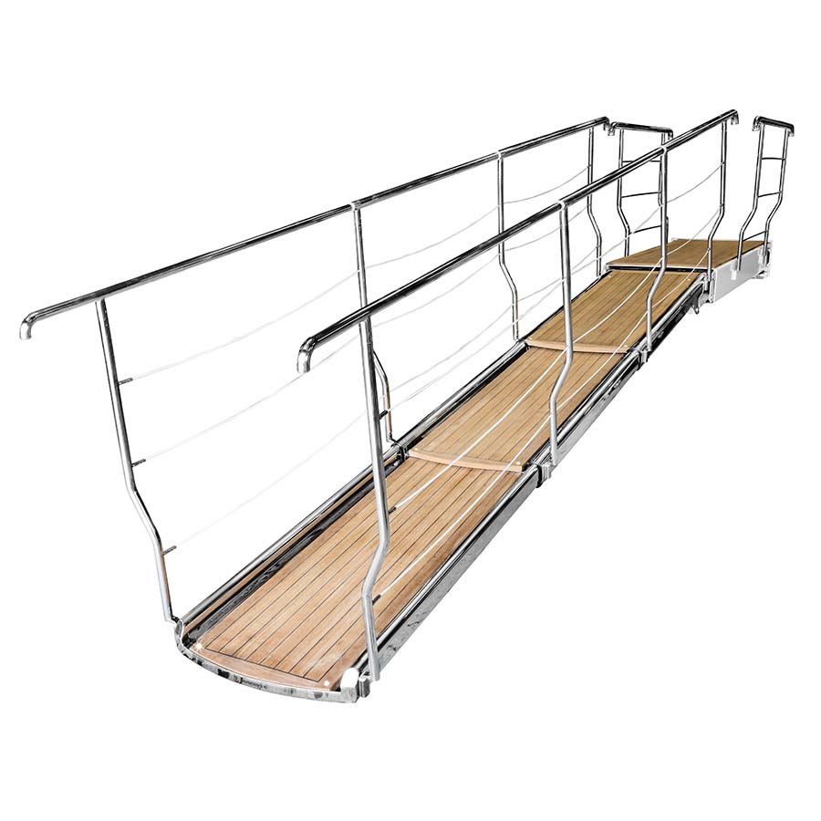 besenzoni Passerella telescopica rientrante a tre stadi con funzioni automatiche pi 383 Struttura in acciaio inox Pedana di camminamento in carabottino di teak candelieri su entrambi i lati