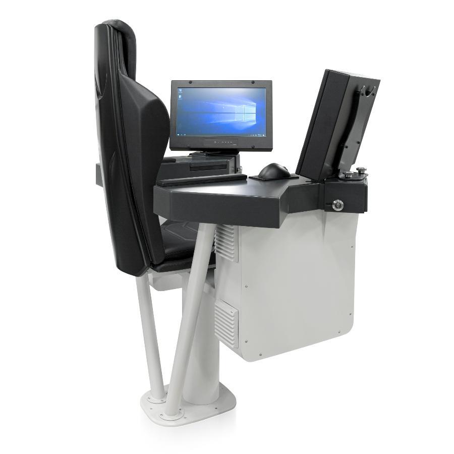 Vista laterale della postazione di comando e della poltrona P 400 matrix