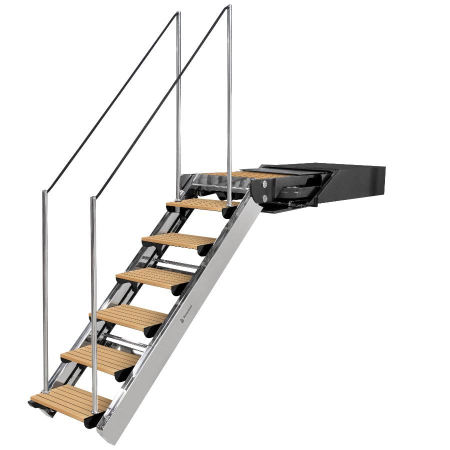  Besenzoni SP 600G Scala rientrante girevole di 90 con movimentazione automatica che abbina la funzione di passerella adatta per installazione nella poppa o sul lato della barca . Ha una struttura in acciaio inox verniciato o lucidato a specchio con gradini auto-livellanti in teak. aperta